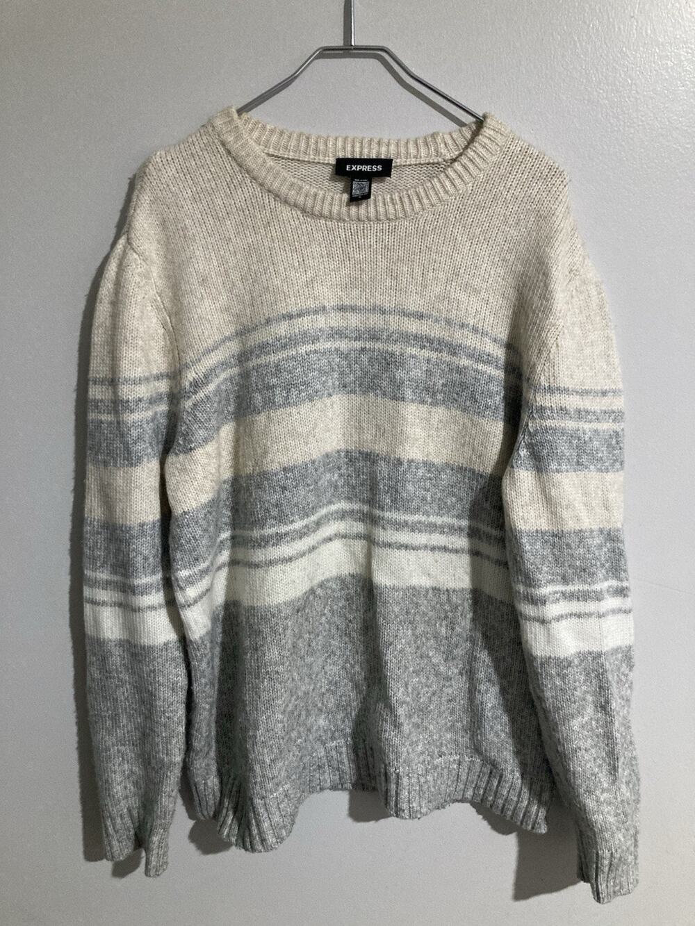 Express Lambs Wool Knit Sweater White w/ Gray Stripe Crew Neck Pullover Men's XL